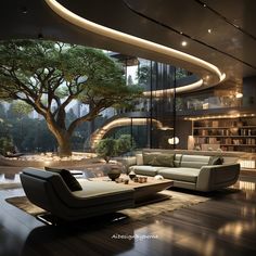 a modern living room with large tree in the center and couches on the other side