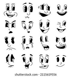 cartoon faces with different expressions and facial expressions, set of twelve black and white images