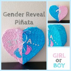 a paper heart with the word gender reveal pinata written on it and an image of a baby's foot