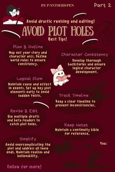 the info sheet shows how to avoid plot holes and avoid plot lines in your novel