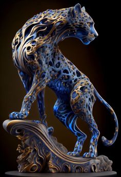 a blue and gold statue of a cheetah on top of a wave in the dark