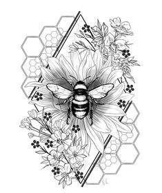 a black and white drawing of a bee with flowers on it's back, surrounded by honeycombs