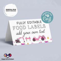 a card that says, fully editable food labels add your own text on it