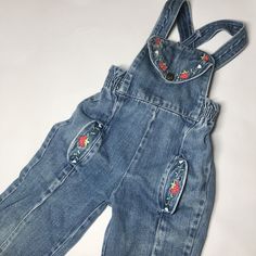 80s Strawberry Embroidered Denim Overalls - 4 Toddler / 4T Happy Kids, Made in USA - Vintage Adorable strawberry-embroidered denim overalls in gently used condition. These would be so cute for a Strawberry Shortcake themed party! Made by the brand "HAPPY KIDS".  These are a 4 Toddler. 100% Cotton. Cute Embroidered Spring Jeans, Cute Blue Embroidered Jeans, Vintage Toddler Outfits, Embroidered Overalls, Cute Embroidered Blue Jeans, Vintage Floral Embroidered Jeans For Spring, Strawberry Shortcake Overalls, Retro Embroidered Cotton Jeans, Embroidered Retro Cotton Jeans