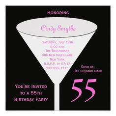 a pink and black 50th birthday party card with a martini glass on the bottom,