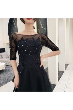 Shop Modest Long Black Formal Dress With Beaded Half Sleeves online. SheProm offers formal, party, casual & more style dresses to fit your special occasions. Illusion Neckline Dresses For Prom Season Night Out, Evening Prom Dress With Illusion Neckline, Evening Dress With Illusion Neckline For Prom, Prom Evening Dress With Illusion Neckline, Evening Dresses With Illusion Neckline, Black Prom Dress With Illusion Neckline, Black Evening Mother Of The Bride Dress For Wedding, Black Mother Of The Bride Dress For Evening Wedding, Embellished Dresses For Prom Season Banquet