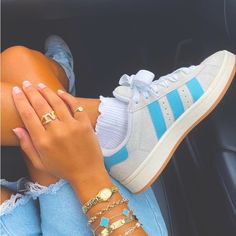 Unique Blue Striped Adidas Campuses | Trending | Unique | Summer | Super Cute | #Adidas #Adidascampus #Blueadidas #Blueadidascampuses #Shoes #Trendingshoes Shoes In Style 2024, Adidas Shoes Women Blue, Cute Sneakers Aesthetic, Trendy Adidas Shoes, Blue Adidas Campus, Shoe Ideas For Women, Summer Tennis Shoes, Shoe Organizer Ideas