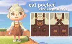 the cat pocket dress pattern is displayed in front of an image of a woman standing next to a body of water