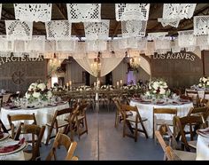 the tables are set up for a wedding reception