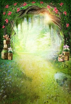 Secret Forest Fantasy Tree Flower Arch Wonderland Backdrop Night City Photography, Wonderland Background, Spring Backdrop, Wonderland Backdrop, Sunshine Flowers, Fantasy Tree, Forest Backdrops, Secret Forest, Flower Arch