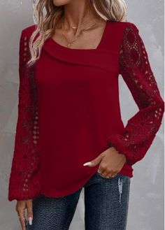 Color:Wine Red;Size:1X;Size:2X;Size:3X;Package Contents:1 X Blouse;Occasion:Other;Style:Casual; Red Peekaboo, Winter Blouses, Lace Blouse Long Sleeve, Plain Blouse, Dressy Fashion, Lace Top Long Sleeve, Summer Blouses, Lace Shirt, Red Lace