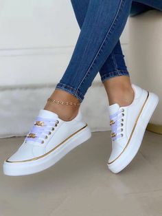 An exclusive offer for you——Affordable prices at Zolucky store, SPU: 29417SK2M0DD4, Color: White Black Golden, Pattern:Plain, Toe Type:Round Toe. Orthopedic Shoes Stylish, Spring Flats, Chain Decor, Metallic Flats, Orthopedic Shoes, Casual Sneakers Women, Casual Flat Shoes, Discount Sale, Casual Flats