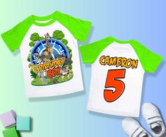 two children's birthday shirts with the name and number 5 on them next to a pair of shoes