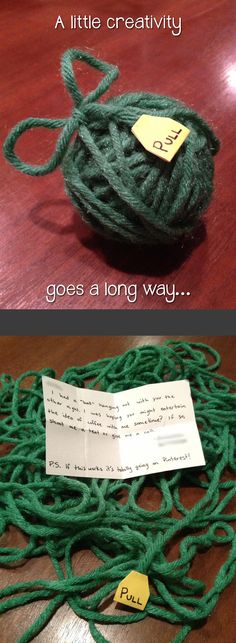 two pictures with green yarn on them and one has a note pinned to the end of it