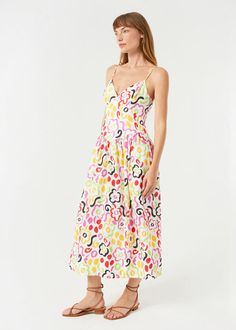 Linen Sophie Floral Midi Dress | Painted Bloom V-neck Linen Dress With Floral Print, Printed V-neck Sundress Midi Dress, Floral Print Linen Maxi Dress, Multicolor Linen Dress For Vacation, V-neck Sundress Midi Dress, Unlined V-neck Sundress Midi Dress, V-neck Unlined Midi Sundress, Printed V-neck Midi Dress For Daywear, V-neck Printed Midi Dress For Daywear