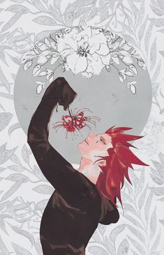 a woman with red hair holding a butterfly in her hand and looking up at the sky