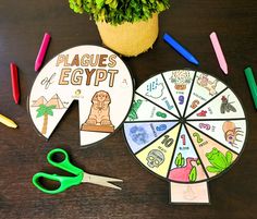 a wooden table topped with paper cut outs and scissors next to a potted plant