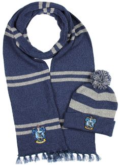 harry potter scarf and hat with pom - pom on the side, both in blue