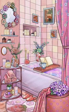 a bathroom with pink walls and flowers on the bathtub next to a table filled with items