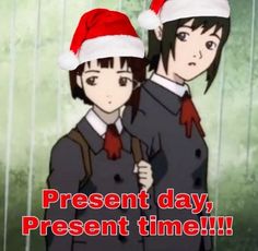 two anime characters wearing christmas hats with the caption present day, present time