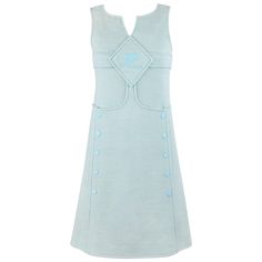 Vintage Courreges Hyperbole c.1970's sky blue wool sleeveless signature logo A-line dress. Numbered: "083360". Designed by Andre Courreges. Sky blue wool knit shell. Sleeveless. V-slit neckline. Diamond applique at front with "AG" patent leather signature logo applique at center. Two front inseam pockets at waistline. Ten faux metal snap closures at side front of skirt. Eight center back metal snap closures. Fully lined. "I.Magnin & Co." tag at interior. Marked Fabric Content: "35% Wool, 65% Acr Vintage Courreges, Space Age Fashion, Andre Courreges, Faux Metal, Scoop Neck Midi Dress, Vintage Dresses 1960s, Paris Vintage, Belted Jacket, Vestidos Vintage