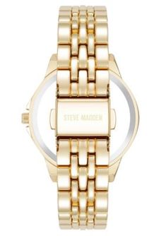 This bold watch from Steve Madden combines functionality with unmatched style. Featuring a crystal accented dial this watch is ready for any adventure. | Steve Madden Women's Essential Black and Gold-Tone Alloy Metal Bracelet Watch, 33.5 Yellow Gold Watches With Diamond Accents, Ladies Gold Tone Stainless Watches Dillards, Elegant Luxury Watch With Gold-tone Hardware, Luxury Gold-tone Watches, Ladies Gold Tone Stainless Watches Less Than $100.00, Metal Bracelet, Women Essentials, Metal Bracelets, Steve Madden