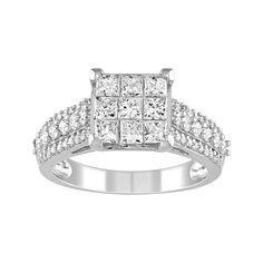 This Lovemark ring is simply breathtaking. Invisible-set, princess-cut diamonds serve as a stunning focal point, and are beautifully accented by rows of round-cut diamonds along the band. RING DETAILS Width: 9.2 mm Metal: 10k white gold Plating: rhodium Finish: polished Packaging: boxed DIAMOND DETAILS Total weight: 1 1/2 ct. Shape: princess cut, round Color grade: H-I Clarity: I2-I3 Setting: invisible, pave Gemstones may have been treated to enhance their appearance. Special care may be require Princess-cut Cubic Zirconia Diamond Promise Ring, Cubic Zirconia Princess Cut Diamond Promise Ring, Princess Cut Brilliant Cubic Zirconia Rings, Diamond White Cluster Ring With Brilliant Princess Cut, White Cubic Zirconia Princess Cut Rings, White Cluster Ring With Princess Cut And Prong Setting, White Gold Cluster Ring Princess Cut With Prong Setting, White Cluster Ring With Prong Setting Princess Cut, Square Cut Diamond Promise Ring With Center Stone