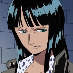 an anime character with black hair and blue eyes looks at the camera while standing in front of a brick wall