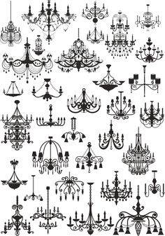 chandelier silhouettes are shown in black and white, each with different designs