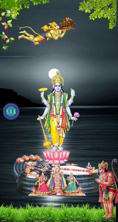 an image of hindu god in the middle of water with other deities around him and his body