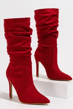 Heel height: 10.5cm Shaft height: 35cm Faux suede upper Mid-calf length Ruched detailing Pull-on fit Pointed toe Stiletto heel Fitted Mid-calf Heeled Boots For Party, Winter Party Mid-calf Boots With High Shaft, Fitted Red Mid-calf Boots For Fall, Fitted Mid-calf Party Boots, Fitted Suede High Heel Mid-calf Boots, Fitted Suede Mid-calf Boots With Pointed Toe, Fitted Mid-calf Suede Boots With Pointed Toe, Party Mid-calf Heeled Boots, Fitted Mid-calf Boots For Party