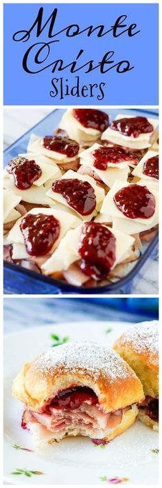 some pastries are sitting on a plate with powdered sugar and jelly in them