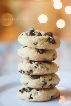 chocolate chip cookies stacked on top of each other