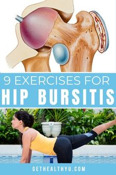 a woman doing yoga poses with the words 9 exercises for hip bursitts