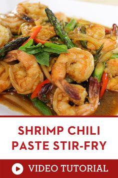 shrimp and asparagus stir - fry on a white plate with text overlay