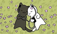 two black and white cats are hugging in the grass with pink flowers behind them on a green background