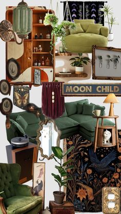 a collage of green couches and other furniture