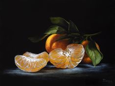 an oil painting of oranges and leaves on a black background, with one cut in half