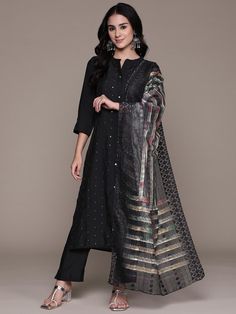 Women Embroidered Regular Mirror Work Pure Silk Kurta with Palazzos & With Dupatta PRODUCT DETAILS  Black embroidered Kurta with Palazzos with dupatta Kurta design: Geometric embroidered Straight shape Regular style Band collar, three-quarter regular sleeves Mirror work detail Calf length length with straight hem Pure silk machine weave fabric Palazzos design: Solid Palazzos Partially elasticated waistband Slip-on closure Size & Fit Size worn by the model: 38 Chest: 33" Waist: 26" Hips: 36" Heig Black Semi-stitched Embroidered Fabric, Black Dupatta With Intricate Embroidery For Navratri, Elegant Kurta With Multicolor Embroidery And Embroidered Border, Black Embroidered Chanderi Traditional Wear, Elegant Salwar Kameez With Multicolor Embroidery And Embroidered Border, Elegant Multicolor Embroidered Kurta With Border, Embroidered Black Chanderi Traditional Wear, Black Chikankari Embroidered Chanderi Dupatta, Black Silk Traditional Wear Embroidered