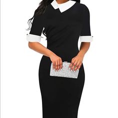 Brand New, Never Worn! Black Bodycon Dress For Office Wear, Elegant Black Bodycon Dress For Office, Chic Black Midi Dress For Office Wear, Elegant Fitted Black And White Midi Dress, White Collar Dress, Collar Dress, White Collar, Colorful Dresses, Midi Dress