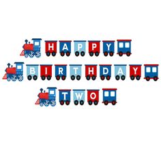 a birthday card with train cars and the words happy birthday two