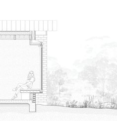 a drawing of a woman sitting on a bench in front of a wall with trees