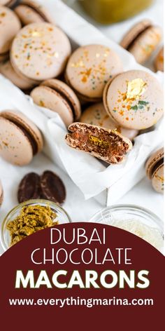 an assortment of macarons with text overlay that reads dubai chocolate macaroons