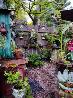 an outdoor garden with lots of potted plants