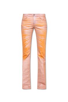 Orange and pink '1969 D-EBBEY-S3' slim-fit jeans from Diesel. Made of glossy material, this pair falls with flared legs and features a zip fly with a button, classic five pockets and a logo patch. Composition: 98% Cotton 2% ElastaneComposition: 100% Polyester, 98% Cotton, 2% Elastane Orange And Pink, Denim Design, A Logo, Fashion Labels, Luxury Retail, Italian Fashion, Slim Fit Jeans, Luxury Boutique, Patch Logo