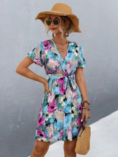 Women's 2024 Summer Floral Dress Short Sleeve V-Neck Holiday Dress Multicolor Floral Print V-neck Dress, Summer Multicolor Floral V-neck Dress, Multicolor Floral V-neck Dress For Summer, Multicolor V-neck Floral Dress For Summer, Fitted Multicolor V-neck Dress For Spring, Spring V-neck Floral Print Dress With Notched Neckline, Multicolor Non-stretch V-neck Maxi Dress, Fitted Vacation Dress With Notched Neckline, Multicolor Floral V-neck Dress For Spring