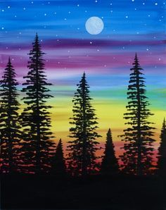 a painting of trees with the moon in the sky and stars above them, painted on canvas