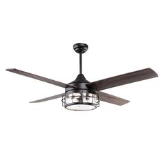 a ceiling fan with two lights and a caged light fixture on the top of it