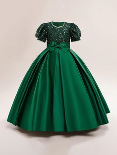 Girls' Long Elegant Ruffle Tulle & Satin Beaded Bow Dress For Wedding Party, Formal Event Dark Green Party  Short Sleeve Woven Fabric Colorblock,Plain,All Over Print Fit and Flare Non-Stretch  Tween Girls Clothing, size features are:Bust: ,Length: ,Sleeve Length: Dusty Pink Style, Formal Long Dress, Quinceñera Dresses, Kids Dress Wear, Solid Color Jumpsuits, Princess Dress Up, Boys And Girls Clothes, Satin Dress Long, Dresses Formal Elegant