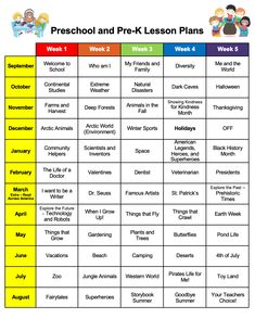 the preschool and pre - k lesson plan is shown in red, blue, yellow and green